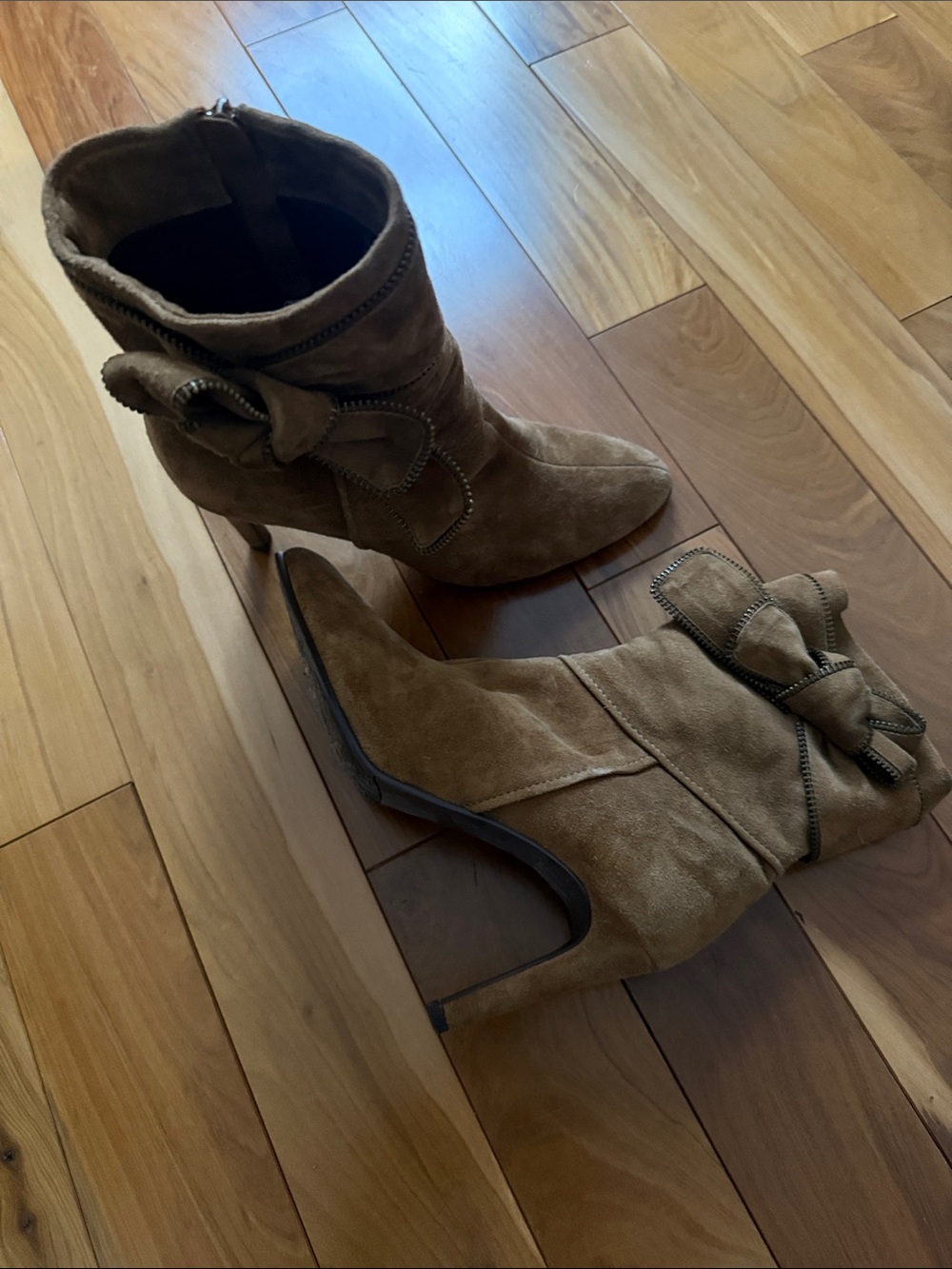J.Renee Tan Suede Bow-Accent Stiletto Ankle Boots